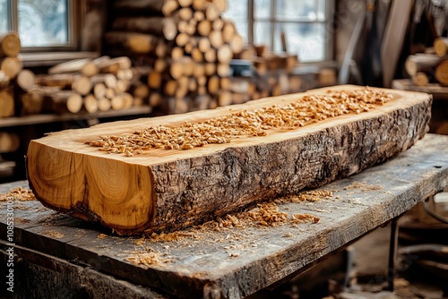 Rustic woodworking scene with natural wooden slab in artisan workshop photo