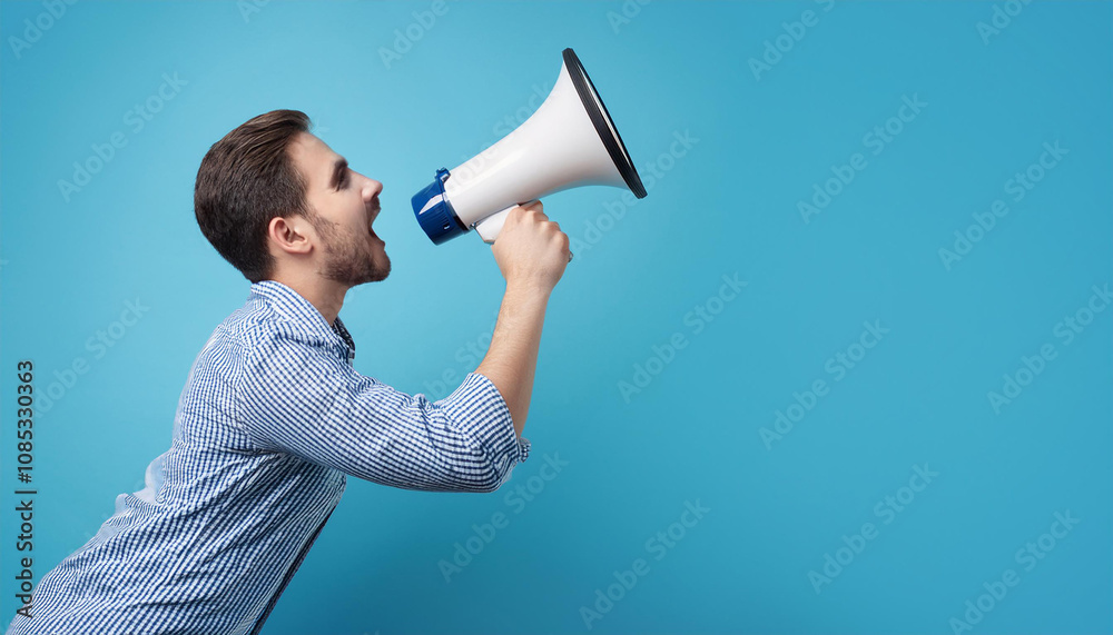 Man Holding Wireless megaphone on blue background Man Holding Wireless megaphone on blue background