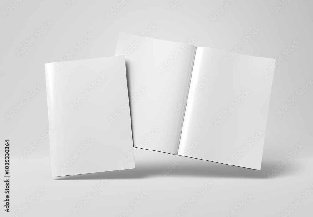 Magazine cover and open magazine mockup on white background. Empty brochure template on blank. 3D rendering