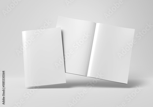 Obraz na płótnie Magazine cover and open magazine mockup on white background. Empty brochure template on blank. 3D rendering w salonie
