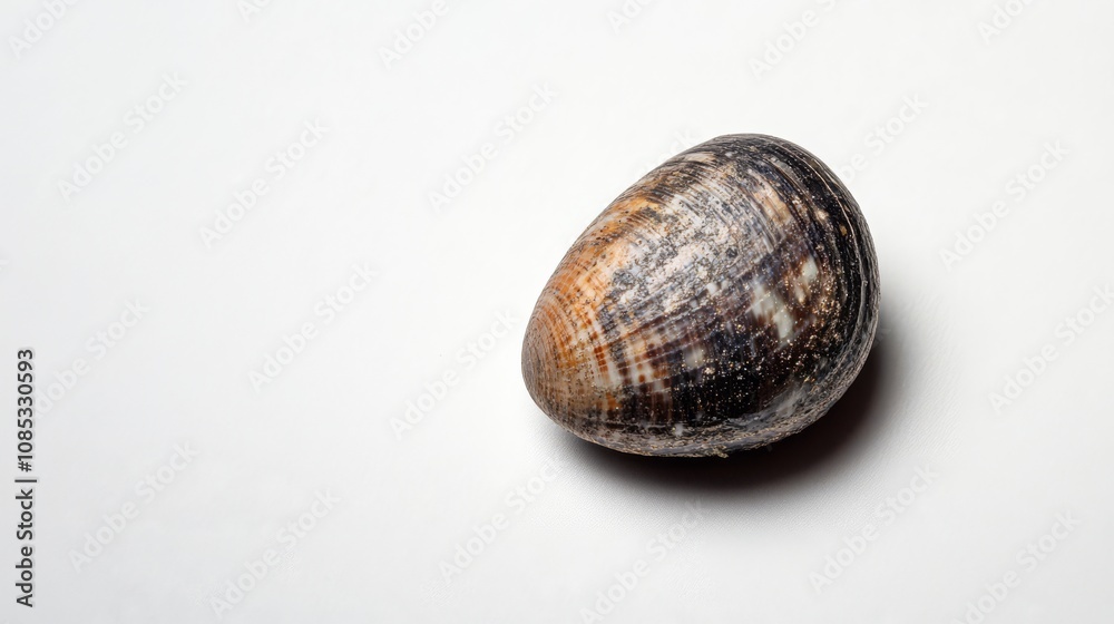 Single Clam Shell: A detailed close-up of a single, dark-brown clam shell, exhibiting a unique texture and color pattern against a bright backdrop. Single Clam Shell: A detailed close-up of a single, dark-brown clam shell, exhibiting a unique texture and color pattern against a bright backdrop.