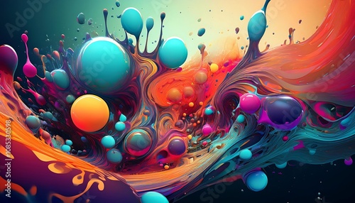  Various forms of colored shapes and droplets are present in a fluid composition that also i_1(498)