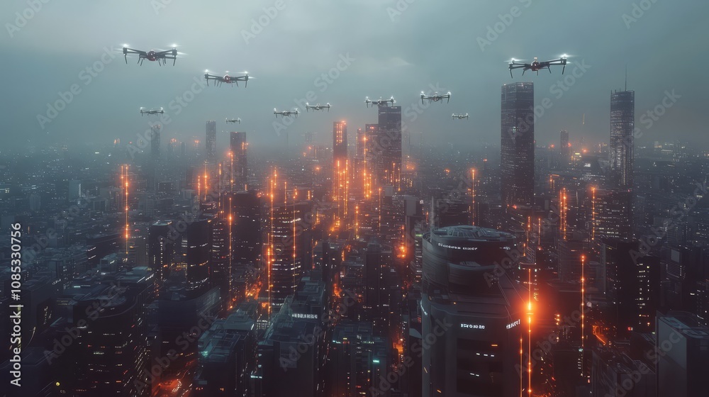 Fototapeta premium Drone City: A futuristic cityscape shrouded in mist with a fleet of drones flying overhead, illuminating the urban landscape with warm, glowing lights. 