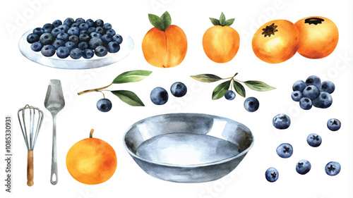 Watercolor set of fruits and berries. Hand drawn illustration isolated on white background