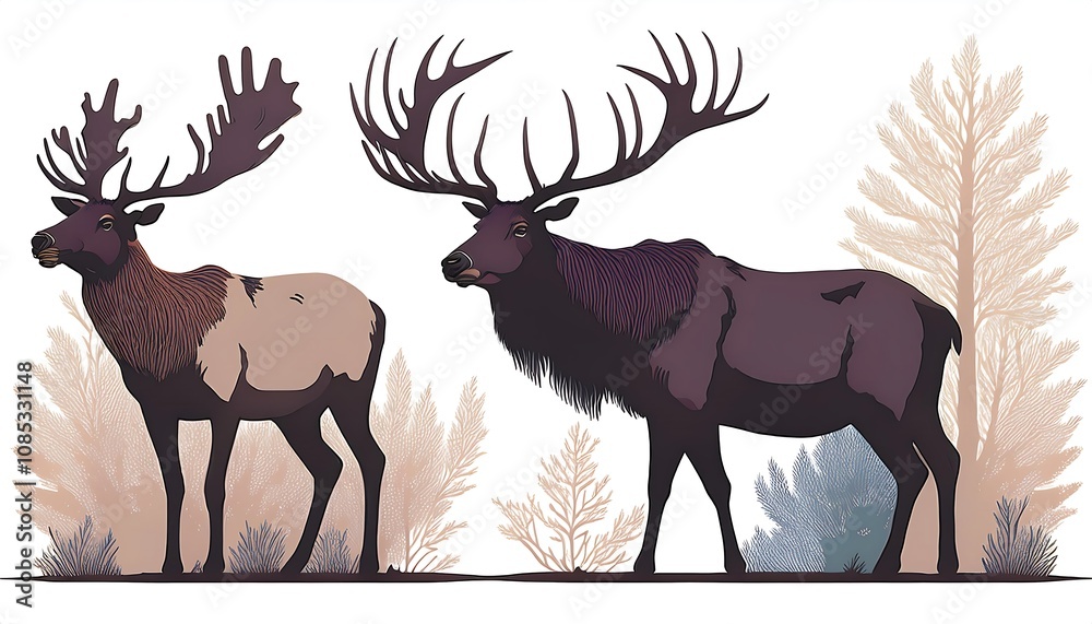 Vector set featuring elk and deer silhouettes in a muted color palette, isolated on a white_1(506) Vector set featuring elk and deer silhouettes in a muted color palette, isolated on a white_1(506)
