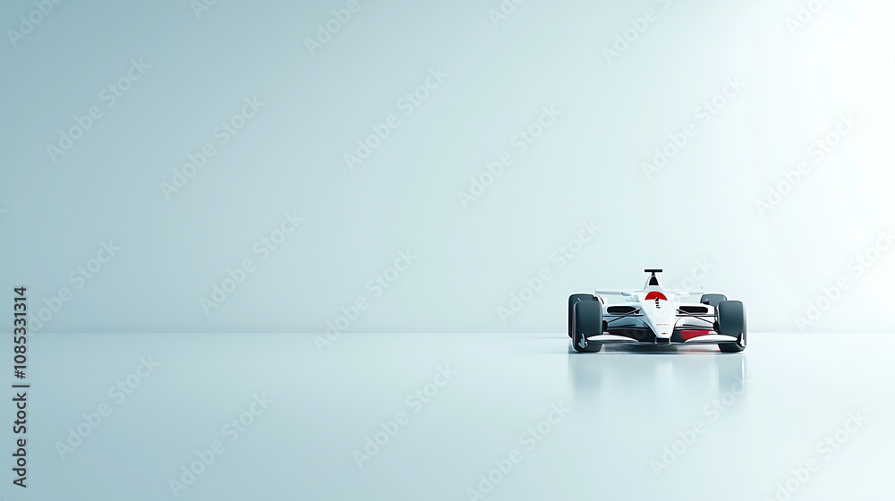 Naklejka premium Sleek Formula 1 car on minimalist white background, showcasing its aerodynamic design and modern features. Perfect for automotive enthusiasts and racing fans