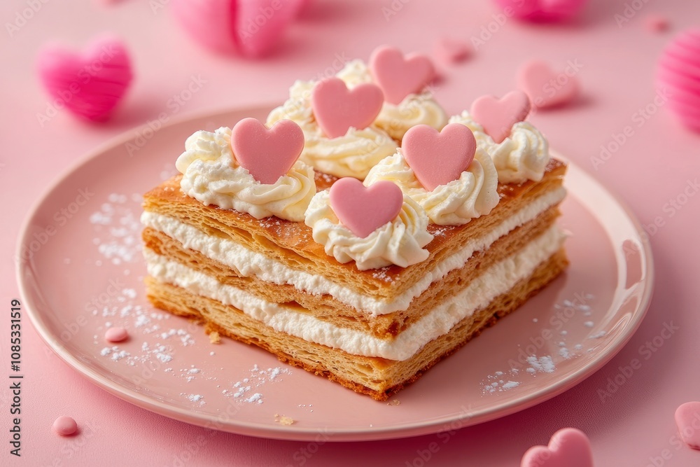 French Mille Feuille cake with vanilla cream decorated with hearts on a pink background for Valentine's day French Mille Feuille cake with vanilla cream decorated with hearts on a pink background for Valentine's day