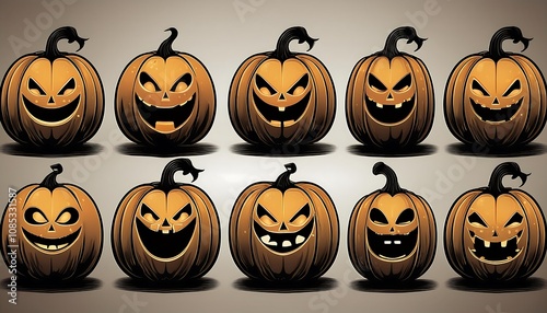  Vector silhouettes of pumpkins with various emotions, perfect for spooky parties and Octobe_1(511) photo