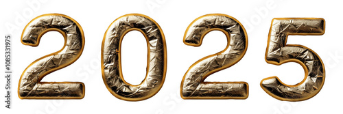 Golden 2025 number banner Christmas New Year decoration PNG transparency