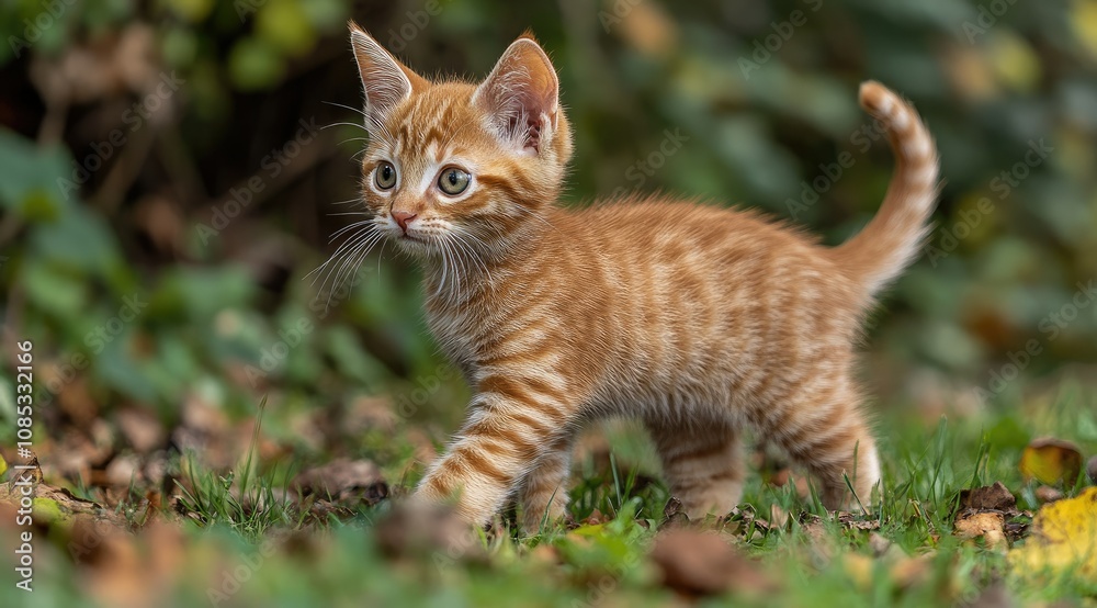 Adorable ginger kitten exploring outdoors. Adorable ginger kitten exploring outdoors.