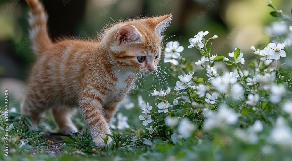 Adorable ginger kitten exploring white flowers in a garden. Adorable ginger kitten exploring white flowers in a garden.