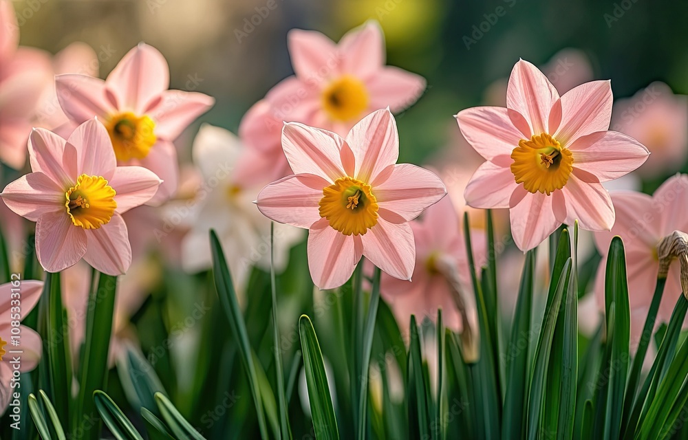 Pink and saffron-colored flowers blooming in the garden, a vibrant and colorful floral background. Pink and saffron-colored flowers blooming in the garden, a vibrant and colorful floral background.