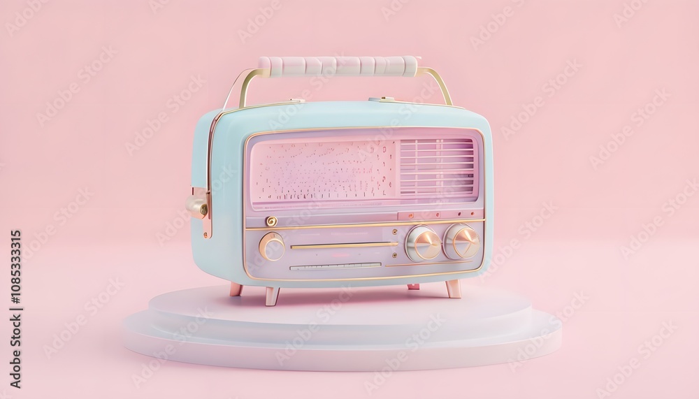 Elegant 3D Illustration of a Retro Radio Receiver with Pastel Hues and Gold Accents Elegant 3D Illustration of a Retro Radio Receiver with Pastel Hues and Gold Accents