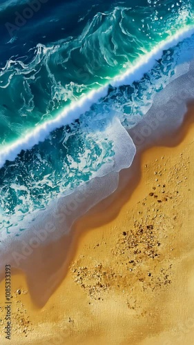 Waves of vibrant turquoise water roll onto a pale yellow sandy shore photo