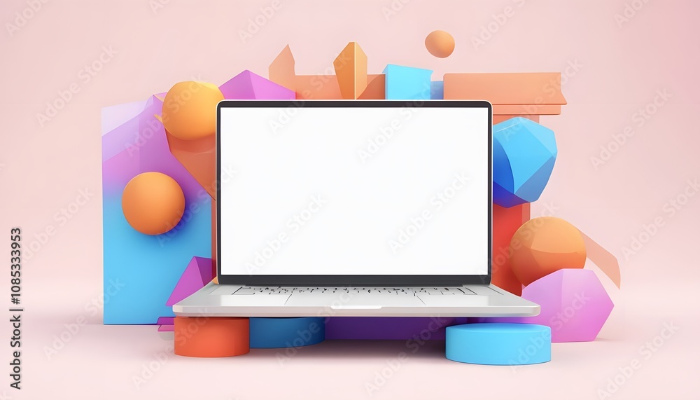 3D Render of Laptop Mockup with Blank White Screen and Geometric Shapes
3D Render of Laptop Mockup with Blank White Screen and Geometric Shapes