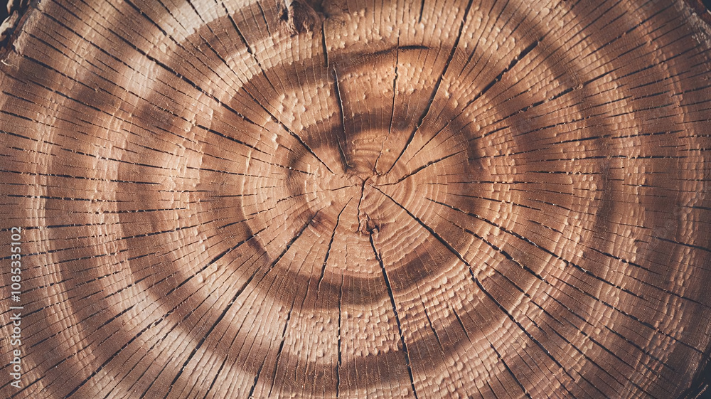 Fototapeta premium Close-up of a freshly cut pine tree surface showcasing detailed growth rings and natural textures, ideal for forestry, natural patterns, or rustic design projects. 