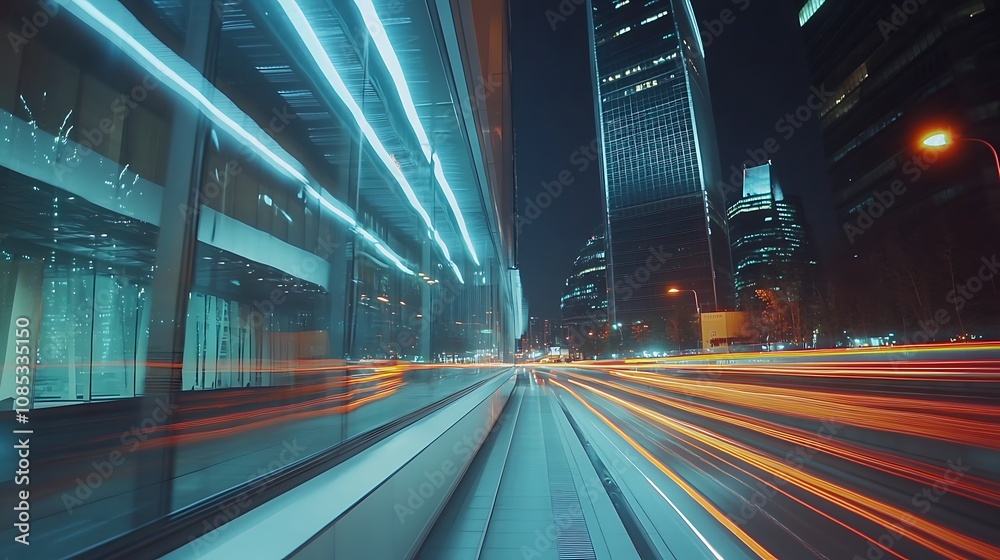 Street at Night with Long Blurred Car Light Streaks Image Street at Night with Long Blurred Car Light Streaks Image