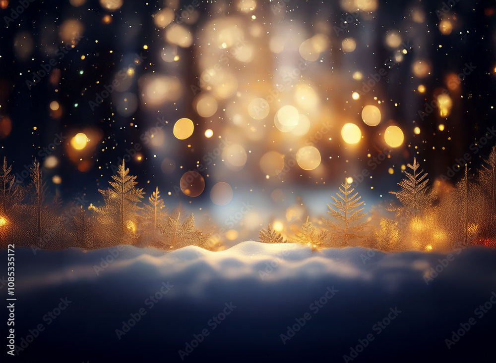 Magical winter scene: sparkling lights illuminate a snowy forest, creating a dreamy, festive atmosphere. Golden bokeh and soft snowfall add to the enchanting ambiance. Magical winter scene: sparkling lights illuminate a snowy forest, creating a dreamy, festive atmosphere. Golden bokeh and soft snowfall add to the enchanting ambiance.