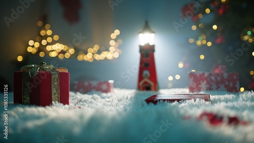 Lighthouse Flashes On Christmas Night In Front Of The Tree
