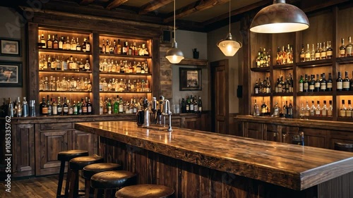 Video footage of rustic bar with wooden furnishings, a well stocked backlit liquor shelf, and a polished wooden counter with stools