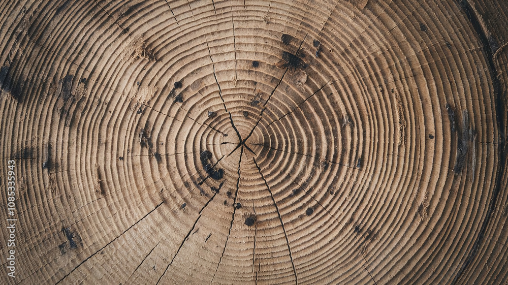 Naklejka premium Close-up of a freshly cut pine tree surface showcasing detailed growth rings and natural textures, ideal for forestry, natural patterns, or rustic design projects.