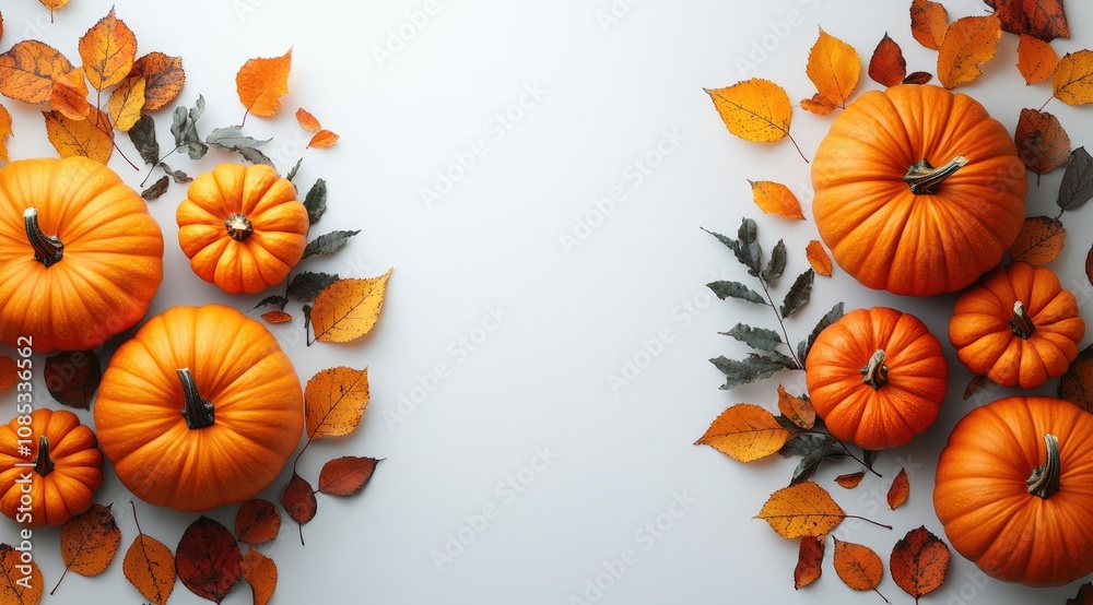 Autumn harvest scene with pumpkins and fall leaves on white background. Autumn harvest scene with pumpkins and fall leaves on white background.