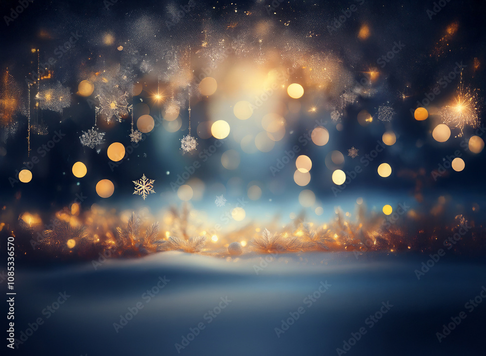 Obraz premium Magical winter scene. Sparkling lights and snowflakes adorn a snowy landscape, creating a festive, enchanting atmosphere. A mystical, dreamy ambiance.