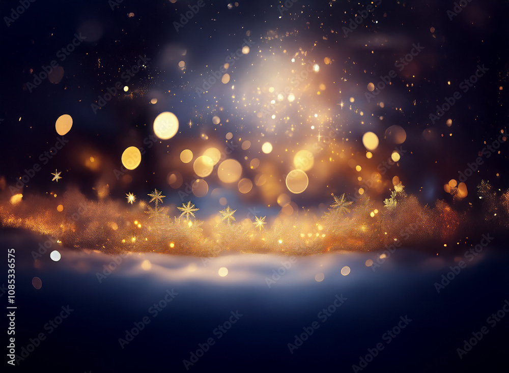 Obraz premium Magical winter scene. Glowing lights and snowflakes shimmer above a snowy landscape, creating a festive, dreamy atmosphere. Perfect for holiday backgrounds.
