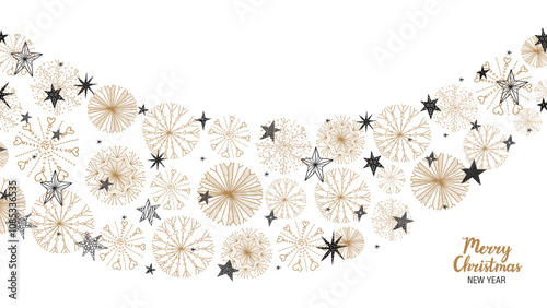 Christmas poster with gold silver snowflakes and black srars on a white background. Vector illustration