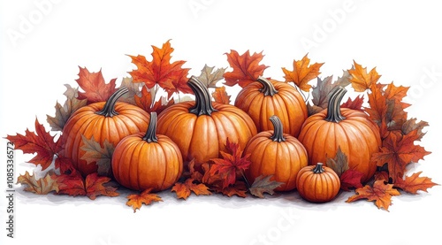 Autumn harvest a group of pumpkins of various sizes surrounded by autumn leaves.