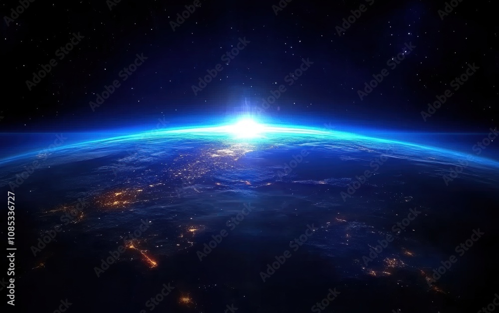 Stunning View of Earth from Space During Sunrise with Ethereal Blue Atmosphere and Bright Light Emitting from Horizon Captured from Outer Space Stunning View of Earth from Space During Sunrise with Ethereal Blue Atmosphere and Bright Light Emitting from Horizon Captured from Outer Space