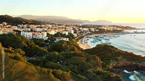 Create a sweeping aerial shot of the stunning coastlines and vibrant cities of Spain’s Costa del Sol at sunrise. photo