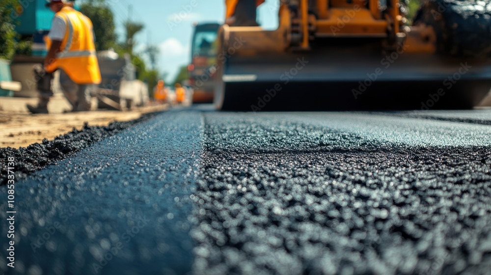 Freshly Laid Asphalt Road with Blurred Construction Workers in Background Freshly Laid Asphalt Road with Blurred Construction Workers in Background