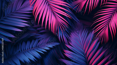 Colorful neon palm leaves in pink and purple hues against a dark background, creating a bold and dynamic tropical aesthetic