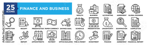 Finance and Business icon collection set. Containing design Wealth, Business, Accounting, Agreement, Global Business