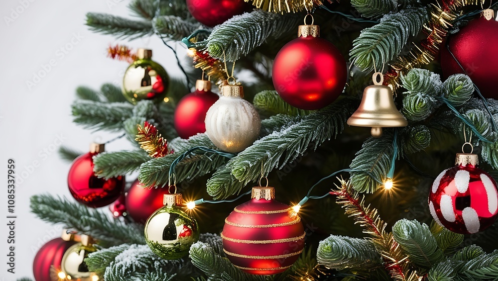 Close-Up of a Highly Detailed Christmas Tree with Red, Green, and Gold Ornaments, Frosted Pine Needles, and Twinkling Fairy Lights Close-Up of a Highly Detailed Christmas Tree with Red, Green, and Gold Ornaments, Frosted Pine Needles, and Twinkling Fairy Lights