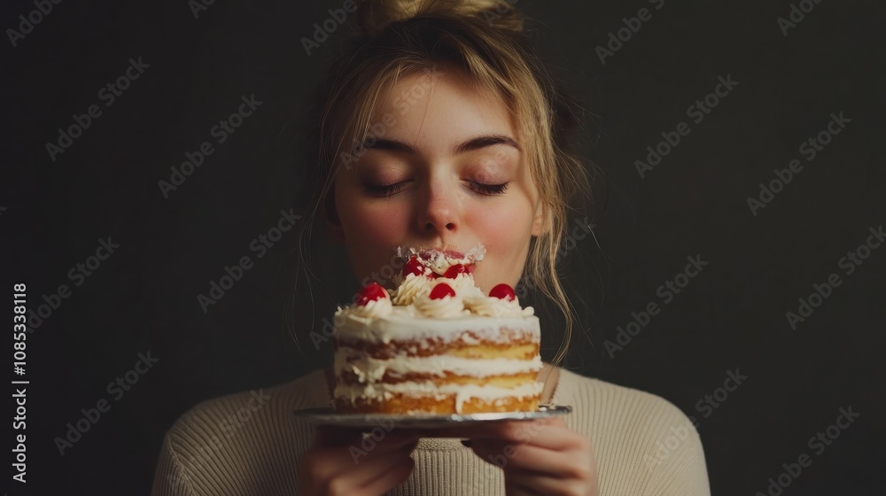 A Woman Enjoying a Delicious Cake A Woman Enjoying a Delicious Cake