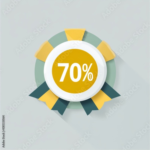 70% Off Sale Badge:  A vibrant and modern flat design badge with a bold 70% discount, featuring a circular yellow label with a white rim and long shadows. photo