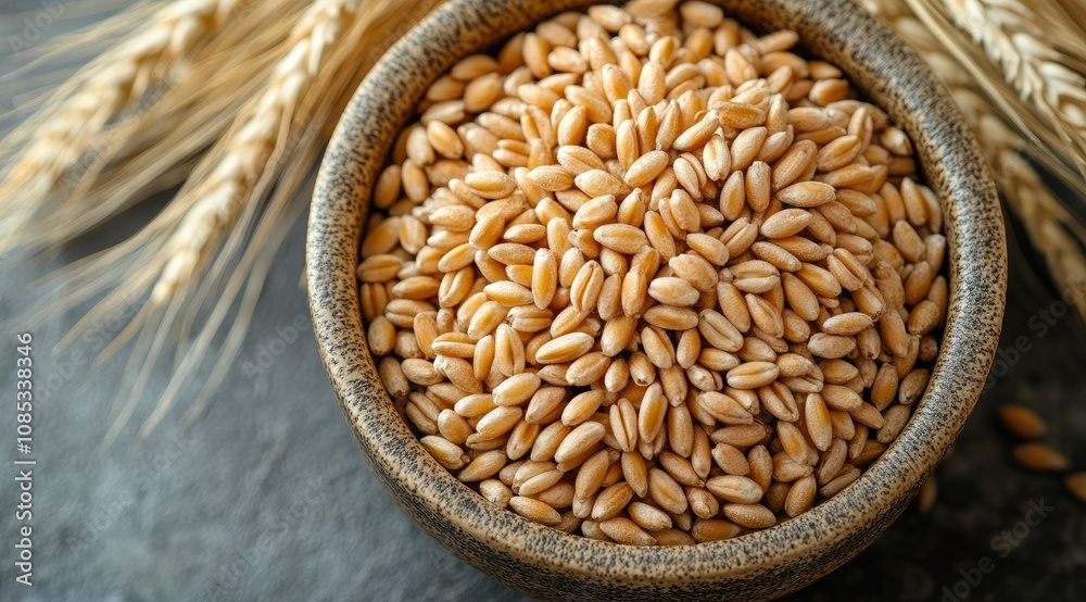 Bowl of wheat grains with wheat stalks. Bowl of wheat grains with wheat stalks.