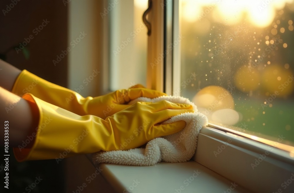 Hands in yellow gloves cleaning a window with a microfiber cloth. Housework and cleaning concept Hands in yellow gloves cleaning a window with a microfiber cloth. Housework and cleaning concept