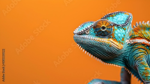 Side view of Chameleon on Orange color background Close-up with copy space and text
