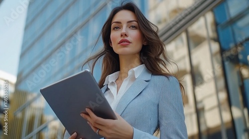 Confident Businesswoman Holding Tablet, Standing Outside Modern Office Building in Stylish Attire, Emphasizing Professionalism and Determination