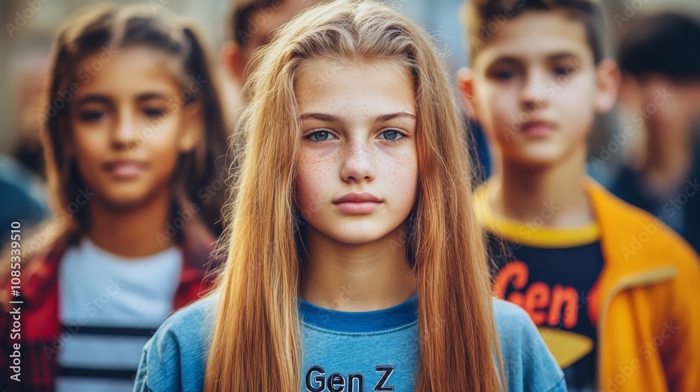 Gen Z Girl in Focus: A young girl with long blonde hair stands out amongst her peers, symbolizing the strength and individuality of a generation. Her gaze is direct. Gen Z Girl in Focus: A young girl with long blonde hair stands out amongst her peers, symbolizing the strength and individuality of a generation. Her gaze is direct.