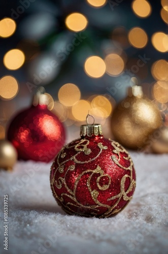 Glittery christmas decorations. Defocused lights in the background - generative ai