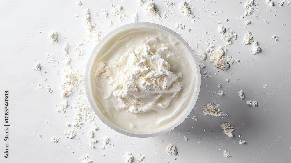 White Natural Powder in a Glass - Top Down On White Background White Natural Powder in a Glass - Top Down On White Background
