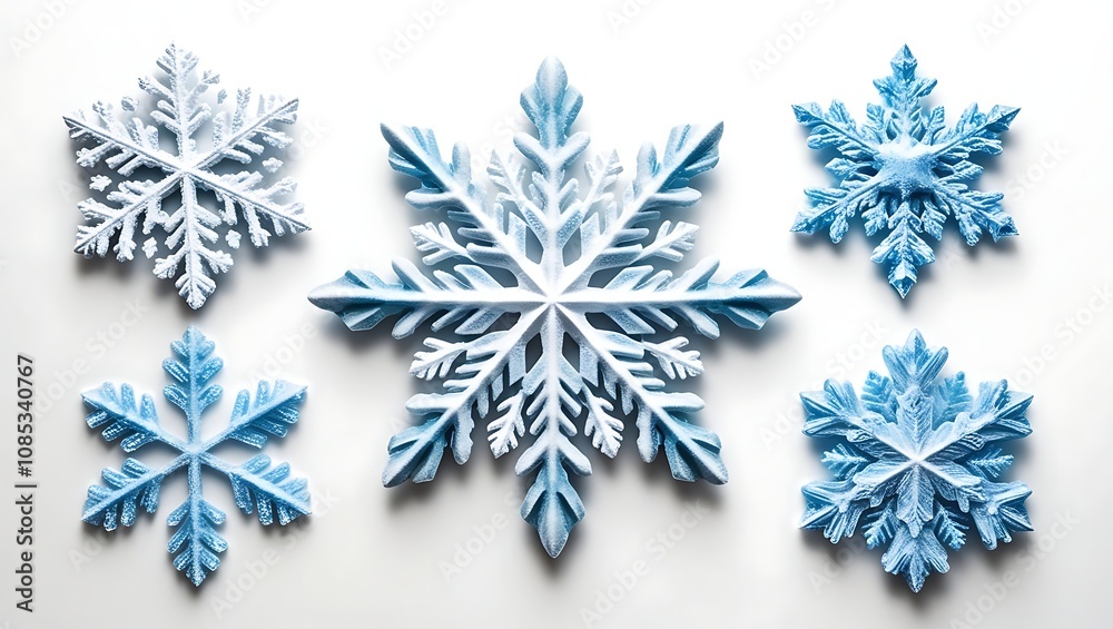 Intricate Frosted Snowflakes in White and Icy Blue with Delicate Crystalline Details Intricate Frosted Snowflakes in White and Icy Blue with Delicate Crystalline Details