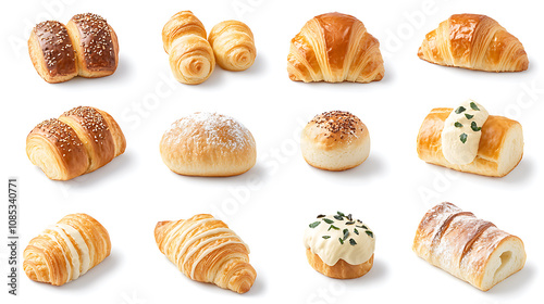 Assorted fresh baked goods including croissants, rolls, and pastries, showcasing variety of textures and toppings that evoke sense of warmth and indulgence