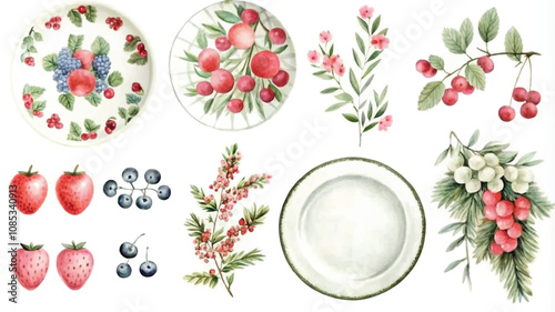 Watercolor set of hand drawn berries and leaves on a white background