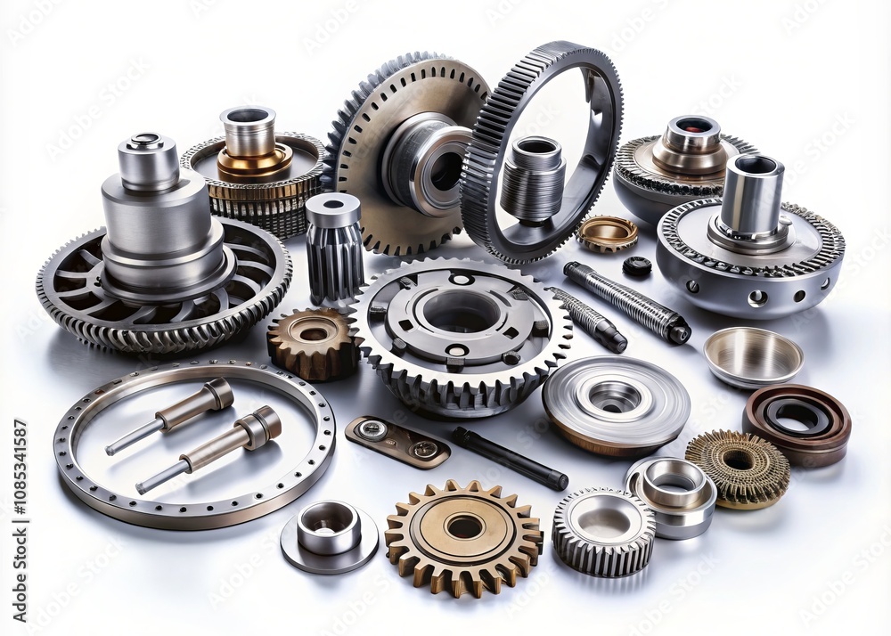 High-Quality White Car Part Set Featuring New Metal Components for Automotive Mechanics Isolated on White Background with Space for Text and Technical Details High-Quality White Car Part Set Featuring New Metal Components for Automotive Mechanics Isolated on White Background with Space for Text and Technical Details