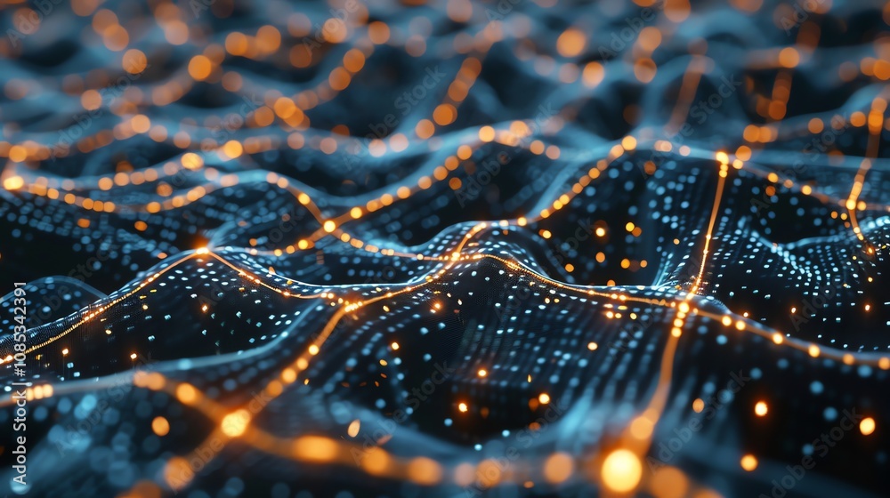 Abstract digital illustration of a wavy surface with glowing orange lines. Abstract digital illustration of a wavy surface with glowing orange lines.